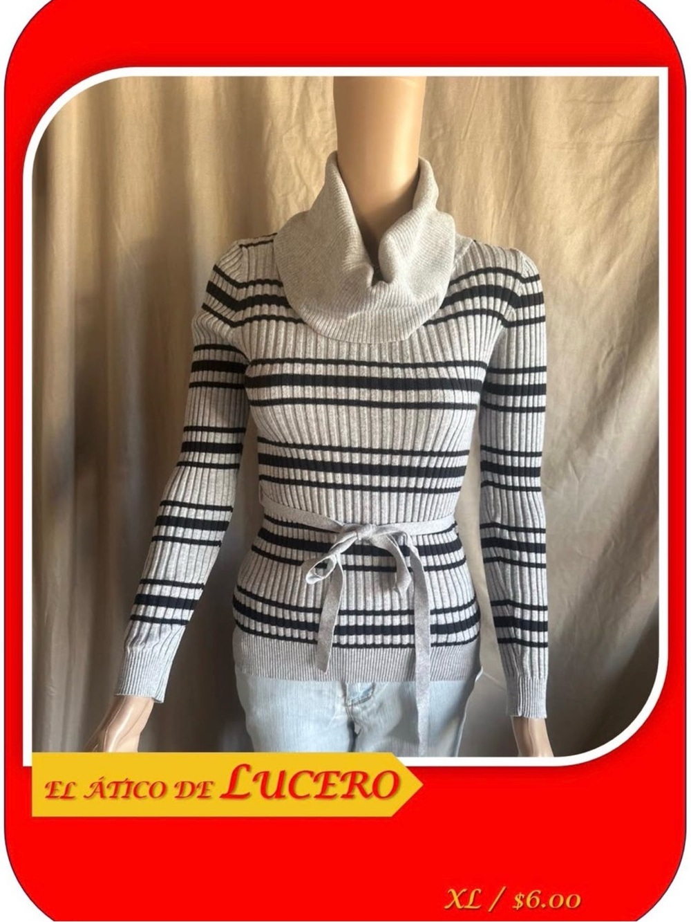 lei Striped Ribbed Cowl Neck Sweater — Gray & Black